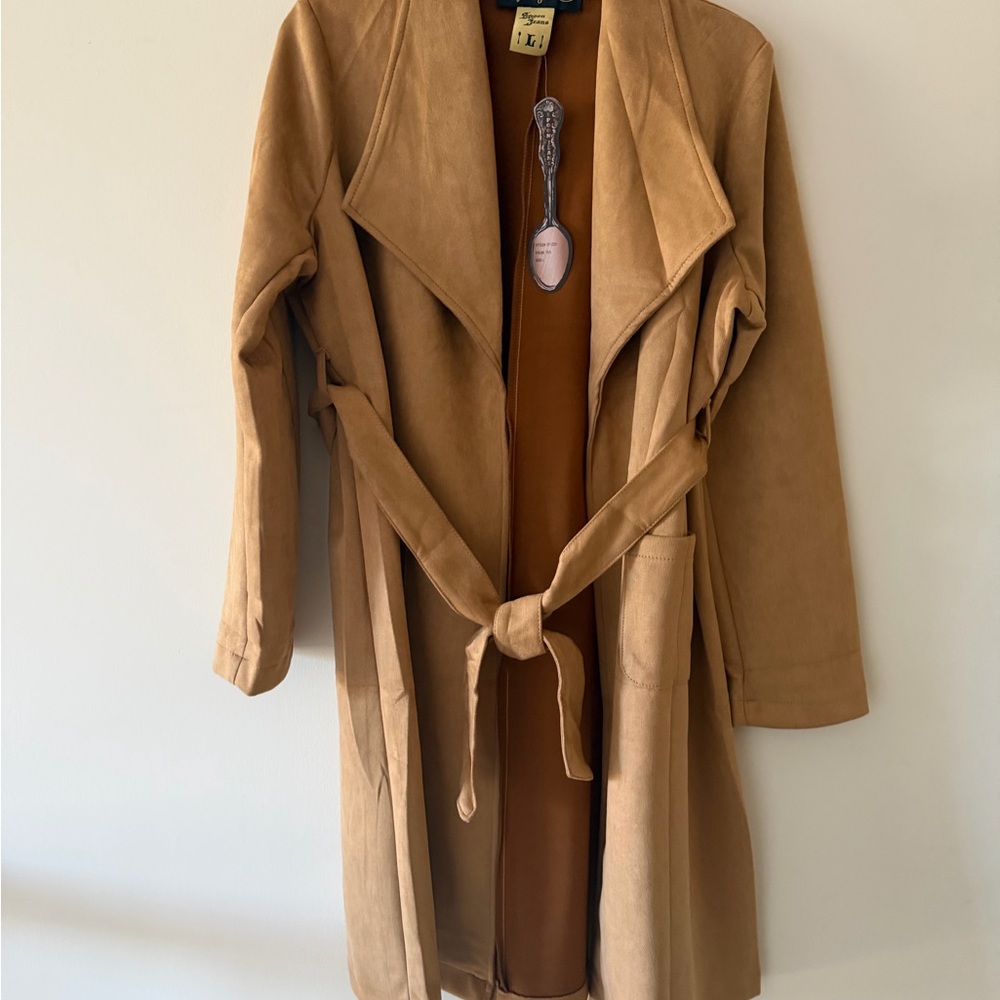 Tan Faux Suede Collar Belted Front Pocket Trench Coat - Picture 2 of 11